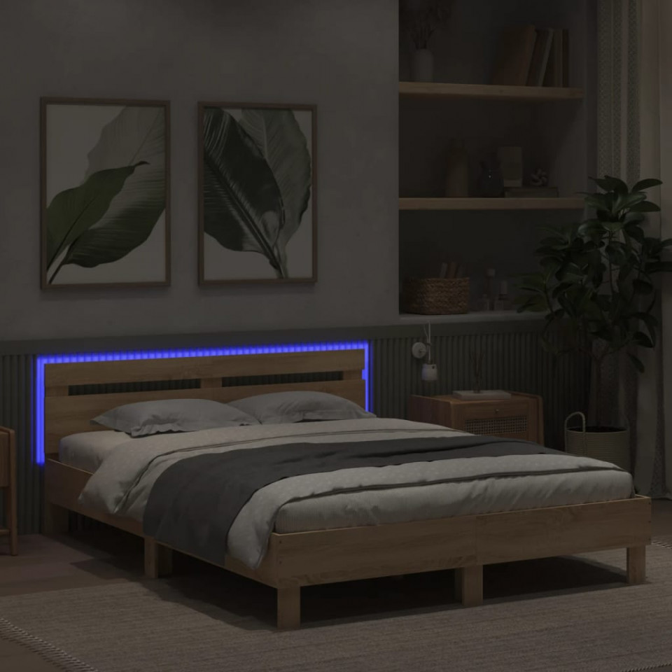 Cadru de pat cu tăblie și LED, stejar sonoma, 140x200 cm
