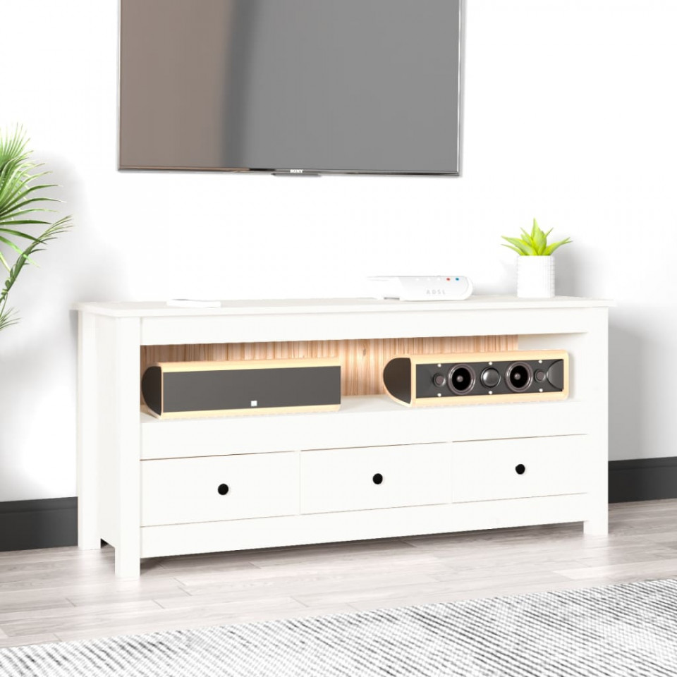 Comodă TV, alb, 114x35x52 cm, lemn masiv de pin 114x35x52 imagine noua