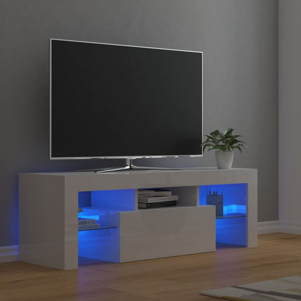 Comodă TV cu lumini LED, alb extralucios, 120x35x40 cm