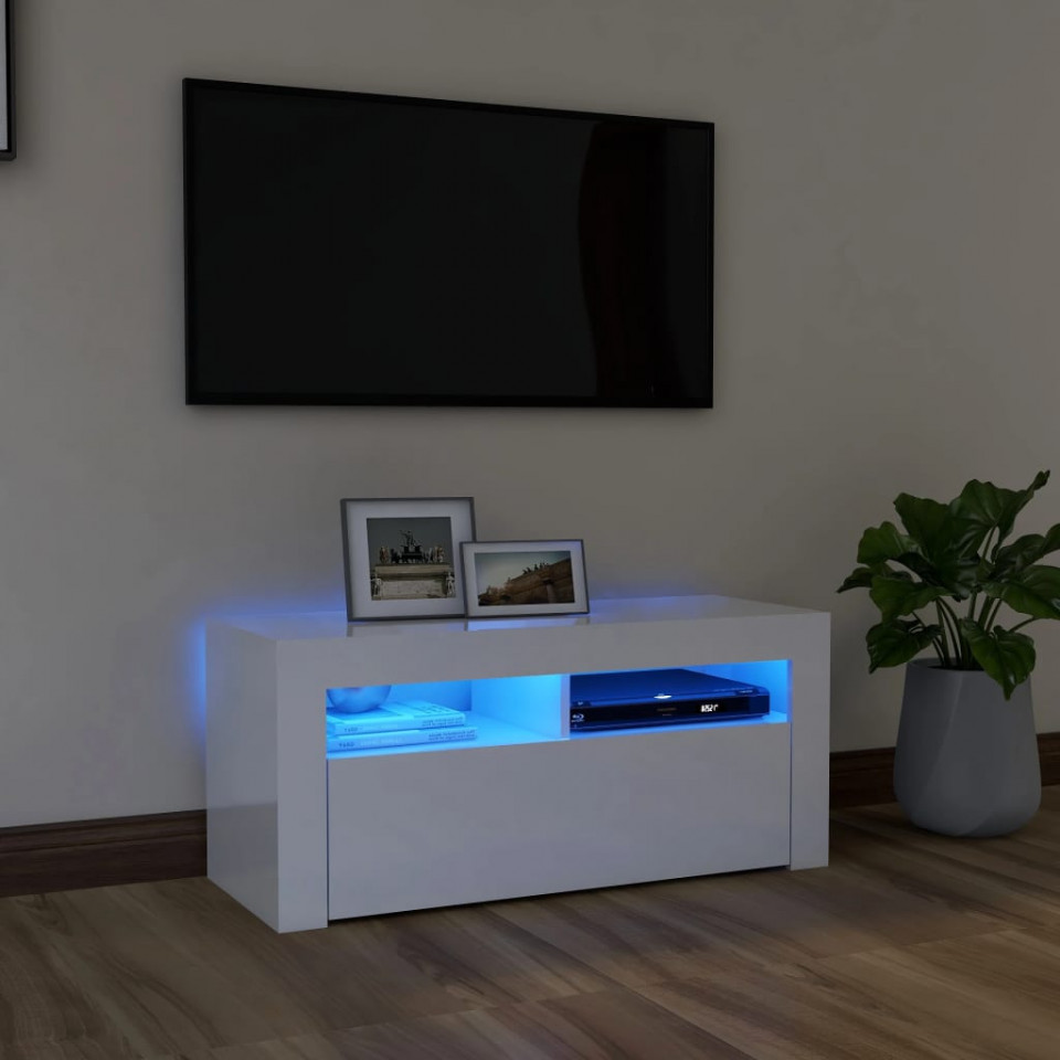 Comodă TV cu lumini LED, alb extralucios, 90x35x40 cm Casa Practica