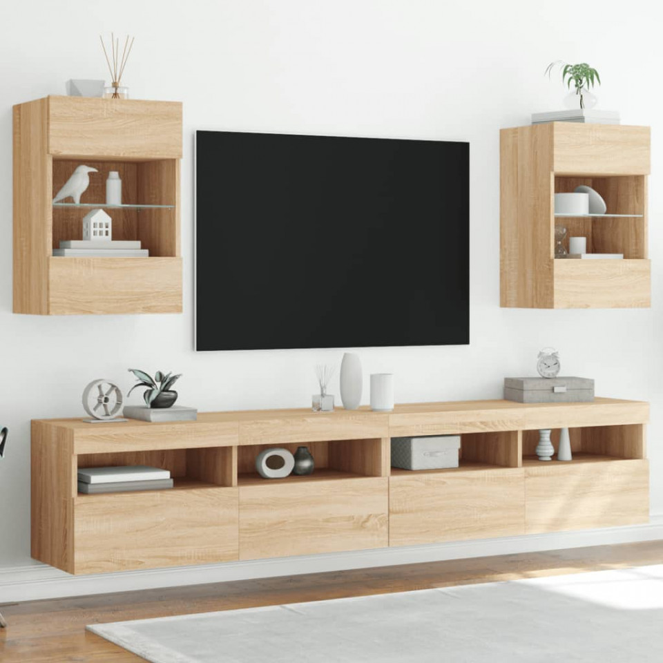 Comodă TV de perete cu LED, 2 buc. stejar sonoma, 40x30x60,5 cm