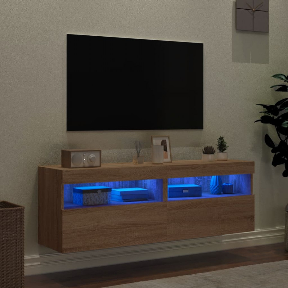 Comodă TV de perete cu LED, 2 buc. stejar sonoma, 60x30x40 cm