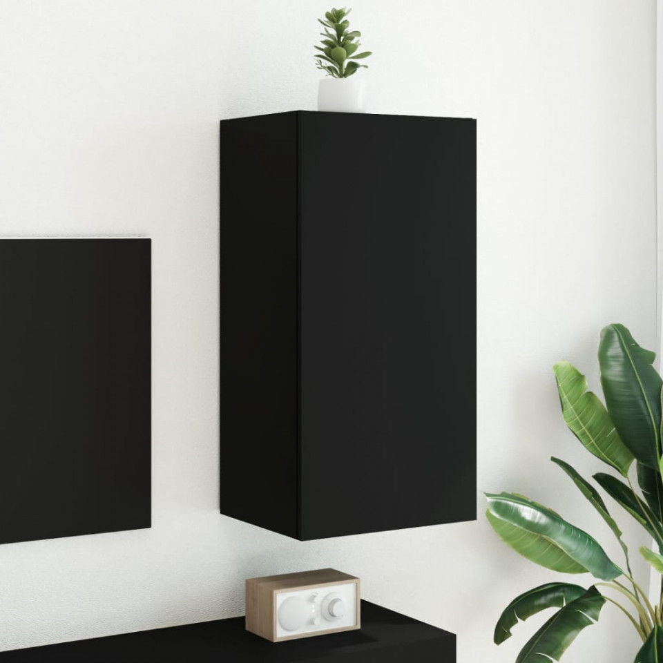 Comodă TV de perete cu lumini LED, negru, 40,5x35x80 cm