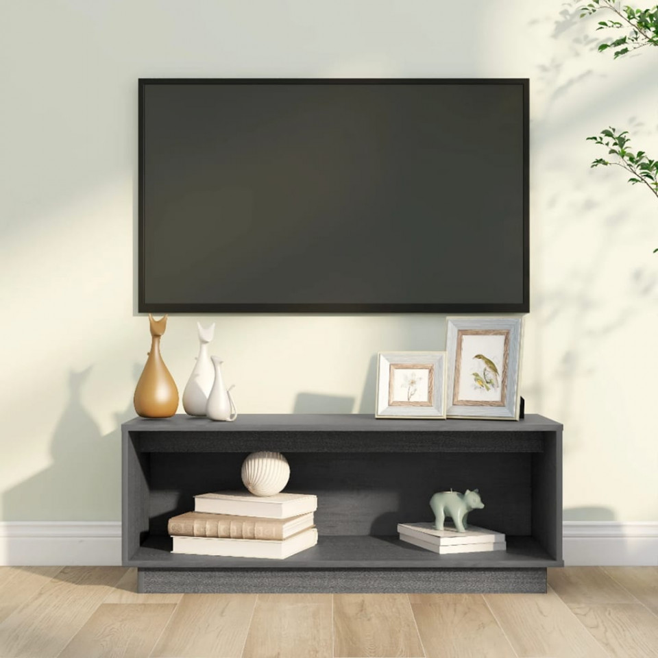 Comodă tv, gri, 90x35x35 cm, lemn masiv de pin