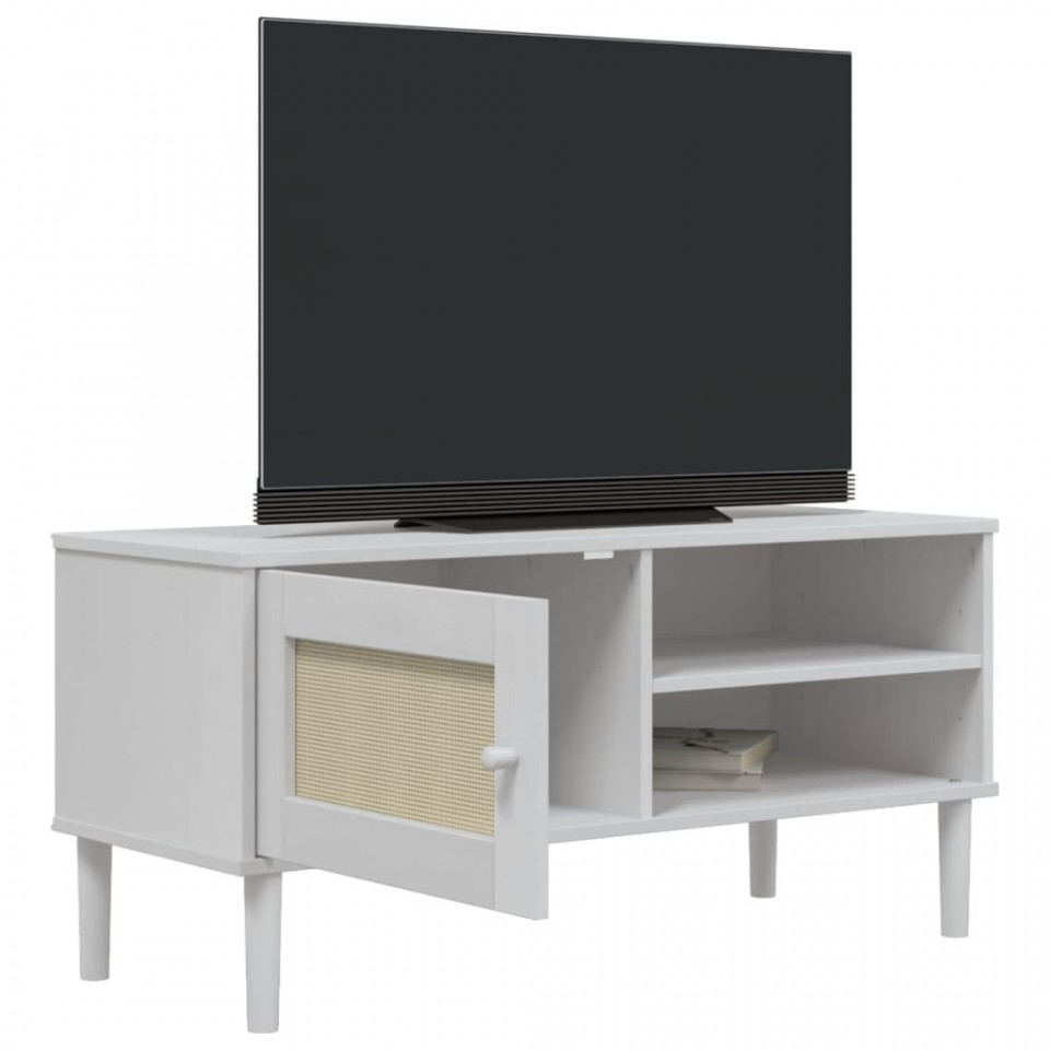 Comodă TV SENJA aspect ratan alb, 106x40x49 cm, lemn masiv pin