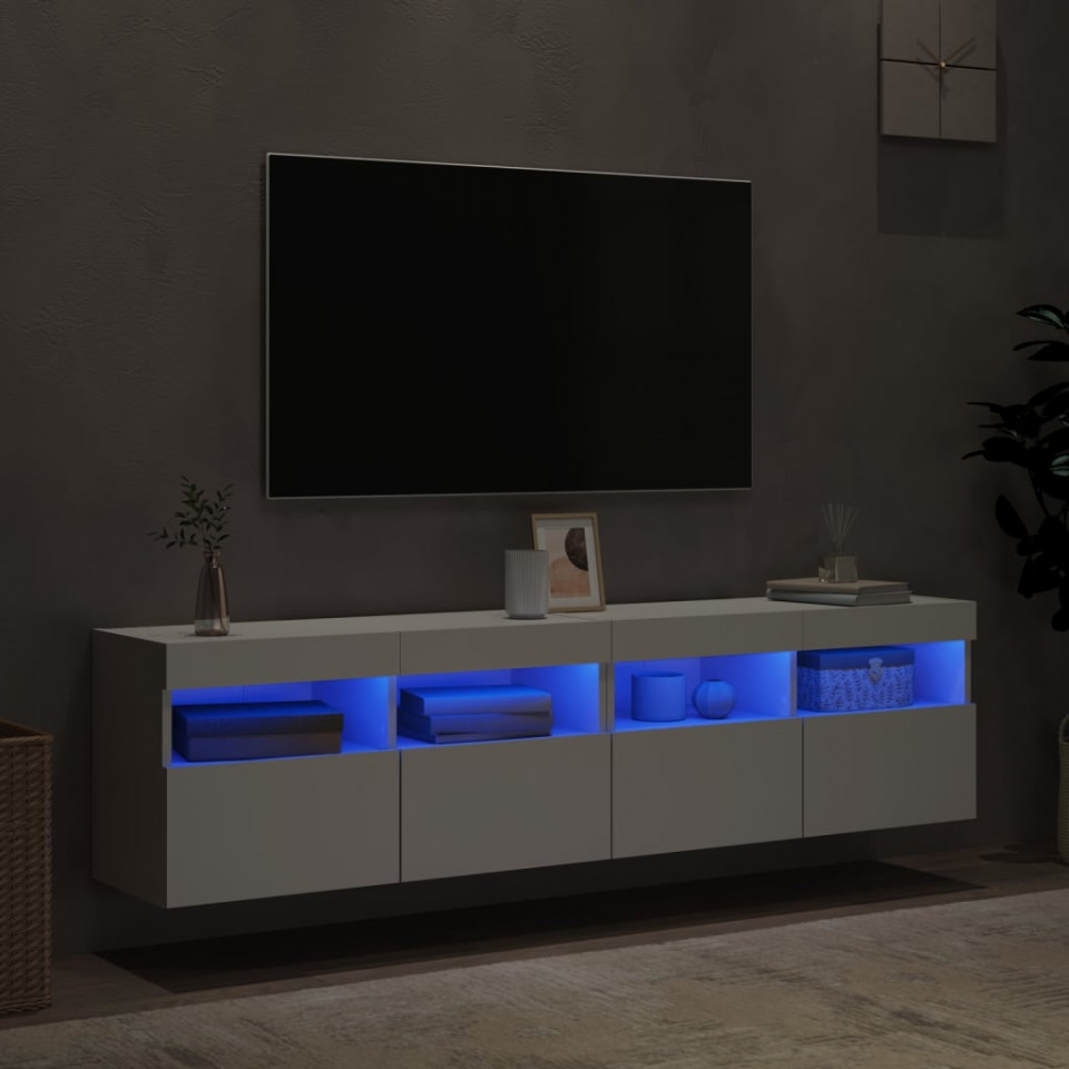 Comode TV de perete cu lumini LED, 2 buc., alb, 80x30x40 cm