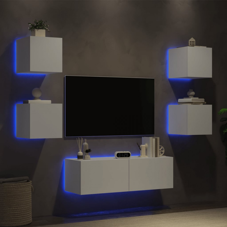 Comode TV de perete cu lumini LED, 5 piese, alb