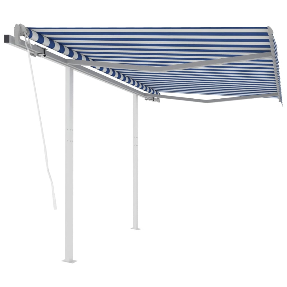 Copertină retractabilă automat cu stâlpi, albastru/alb, 3x2,5 m