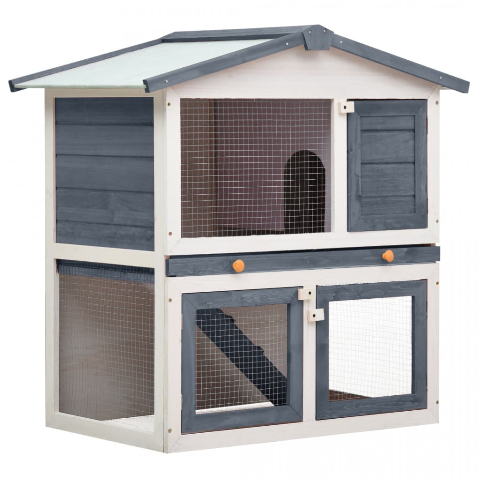 Cușcă de iepuri pentru exterior, 3 uși, gri, lemn Casa Practica