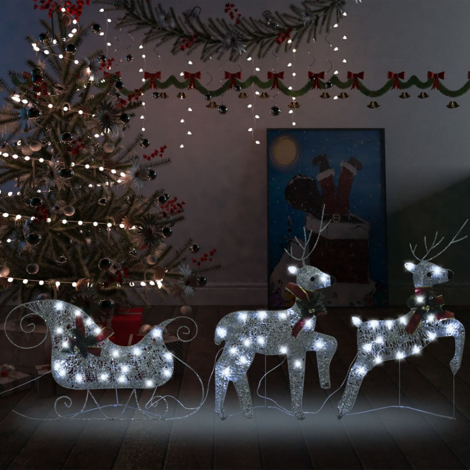 Decor de Crăciun cu reni și sanie, 60 LED-uri argintiu exterior Argintiu