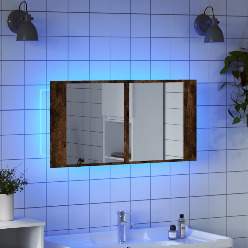 Dulap de baie cu oglindă și LED, stejar fumuriu, 90x12x45 acril