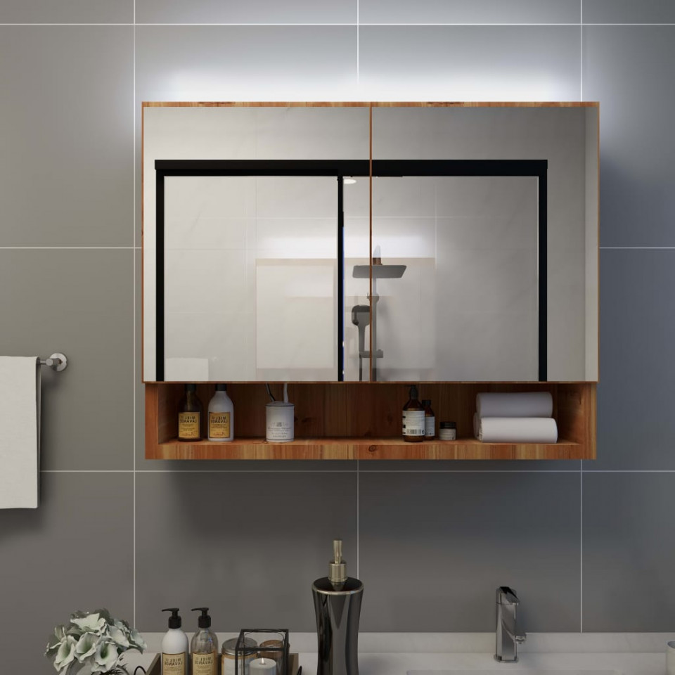 Poza Dulap de baie cu oglinda si LED-uri, stejar 80 x 15 x 60 cm MDF