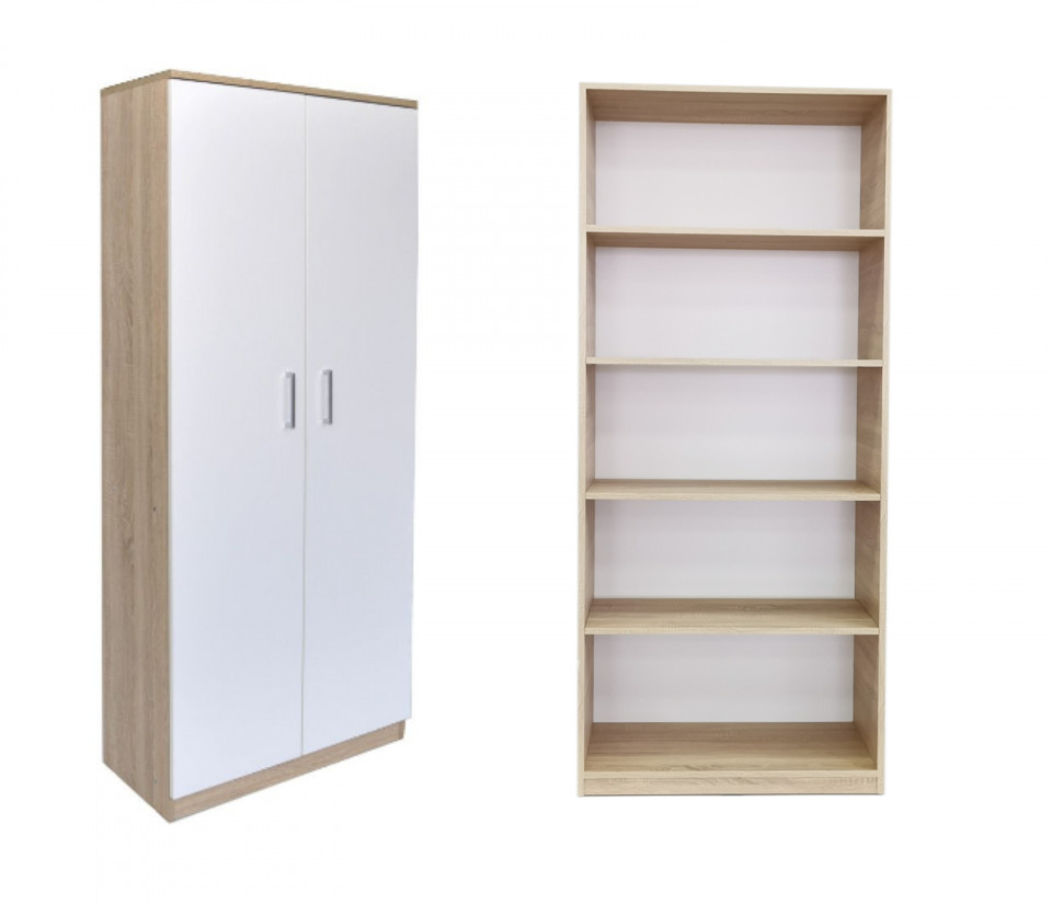 Dulap Sonoma cu Alb in 2 Usi si 4 Polite de Depozitare, 200X80x40 cm, din Pal de 18 mm