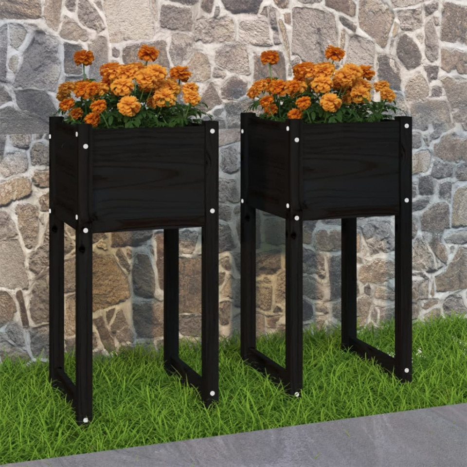 Jardiniere, 2 buc., negru, 40x40x52,5 cm, lemn masiv de pin