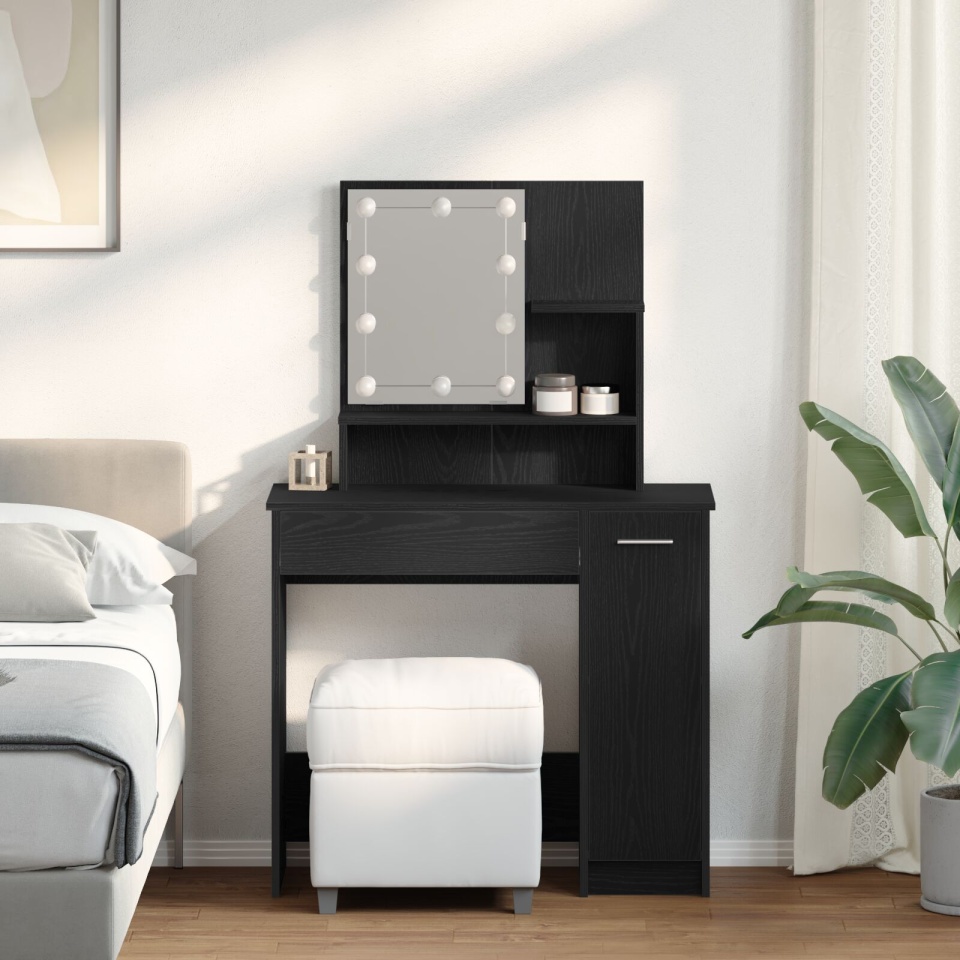 Masă de toaletă LED în stejar negru - 86.5 x 35 x 136 cm
