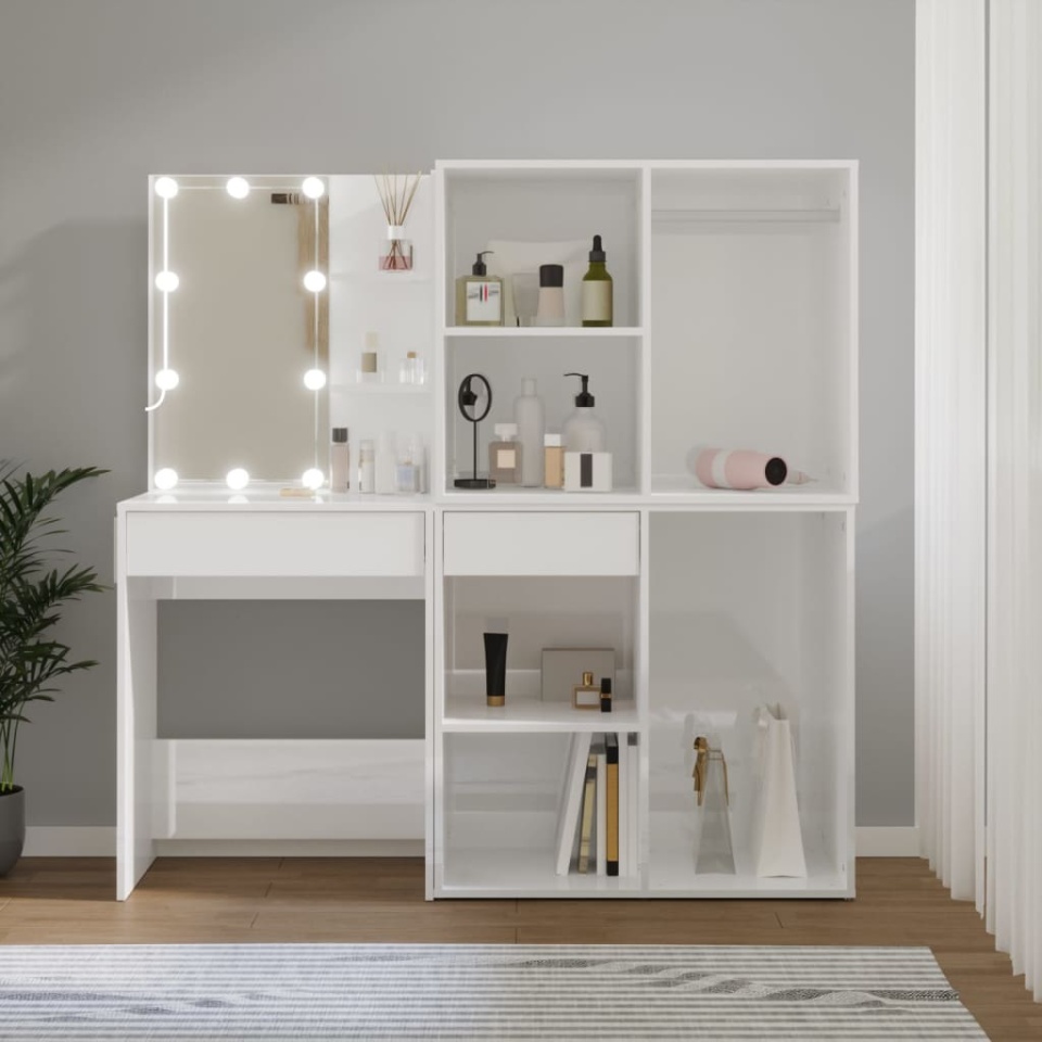 Masă toaletă cu LED/2 dulapuri, alb extralucios, lemn prelucrat