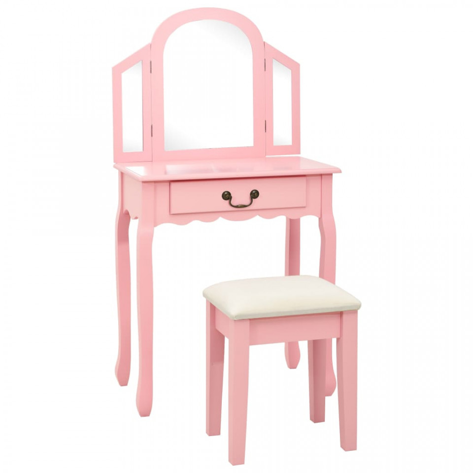 Masă toaletă cu taburet, roz, 65x36x128 cm, lemn paulownia, MDF Casa Practica