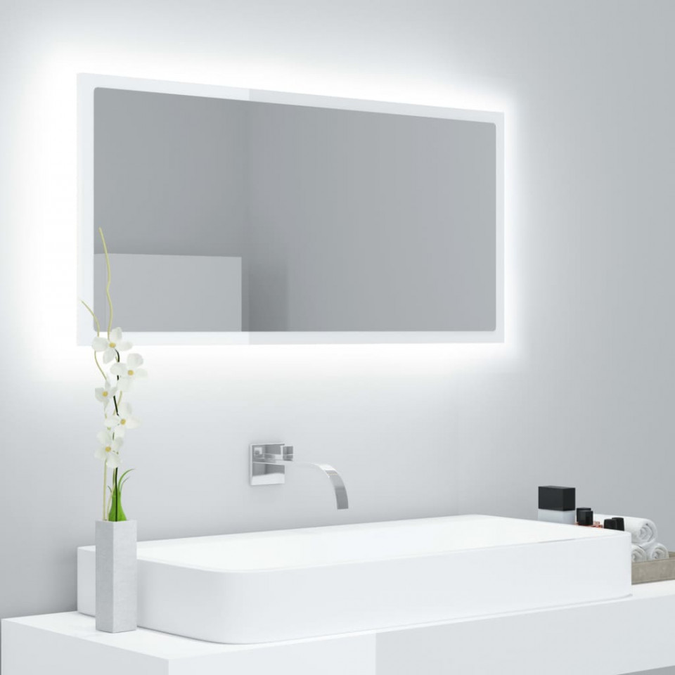 Oglindă de baie cu LED, alb extralucios, 90×8,5×37 cm, PAL Casa Practica imagine noua elgreco.ro