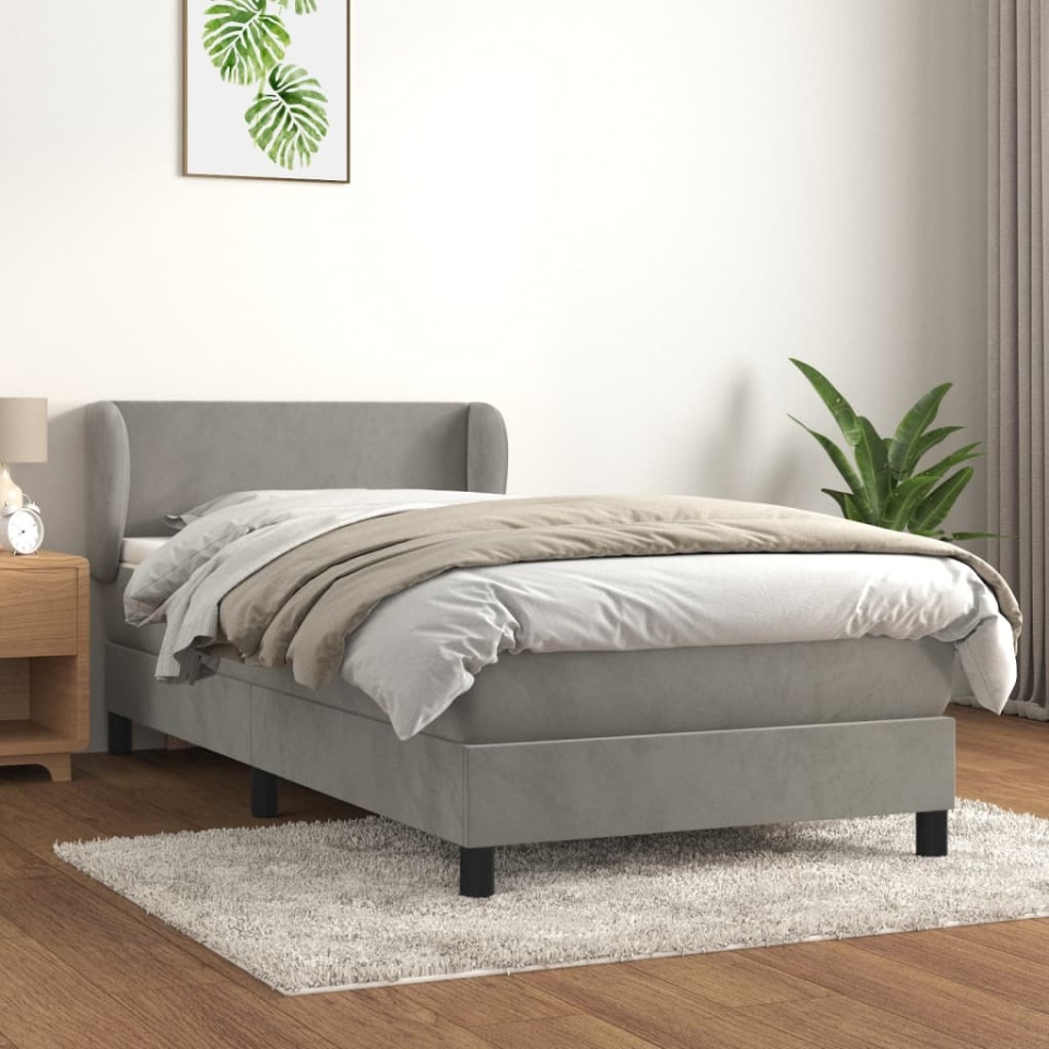 Pat box spring cu saltea, gri deschis, 90x200 cm, catifea