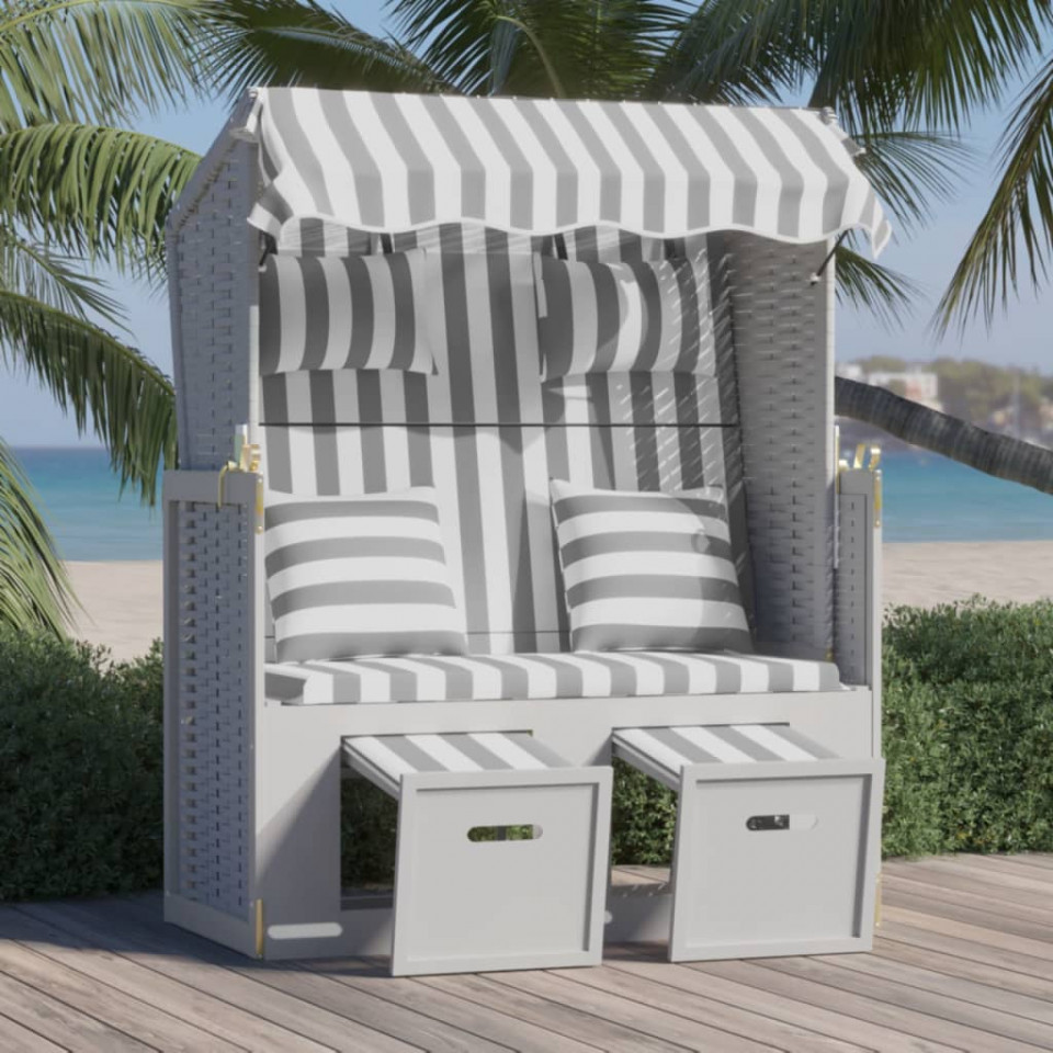Scaun de plajă cu perne,gri&alb, poliratan și lemn masiv Casa Practica