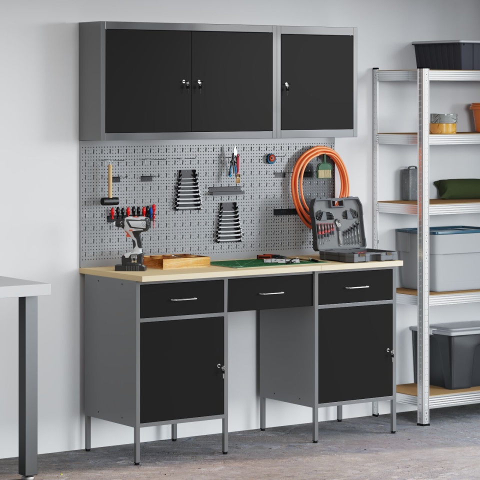 Set banc de lucru, 8 piese, negru, oțel