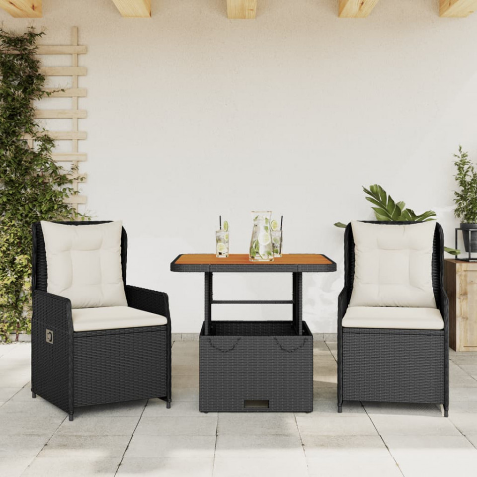 Set bistro cu perne, 3 piese, negru, poliratan