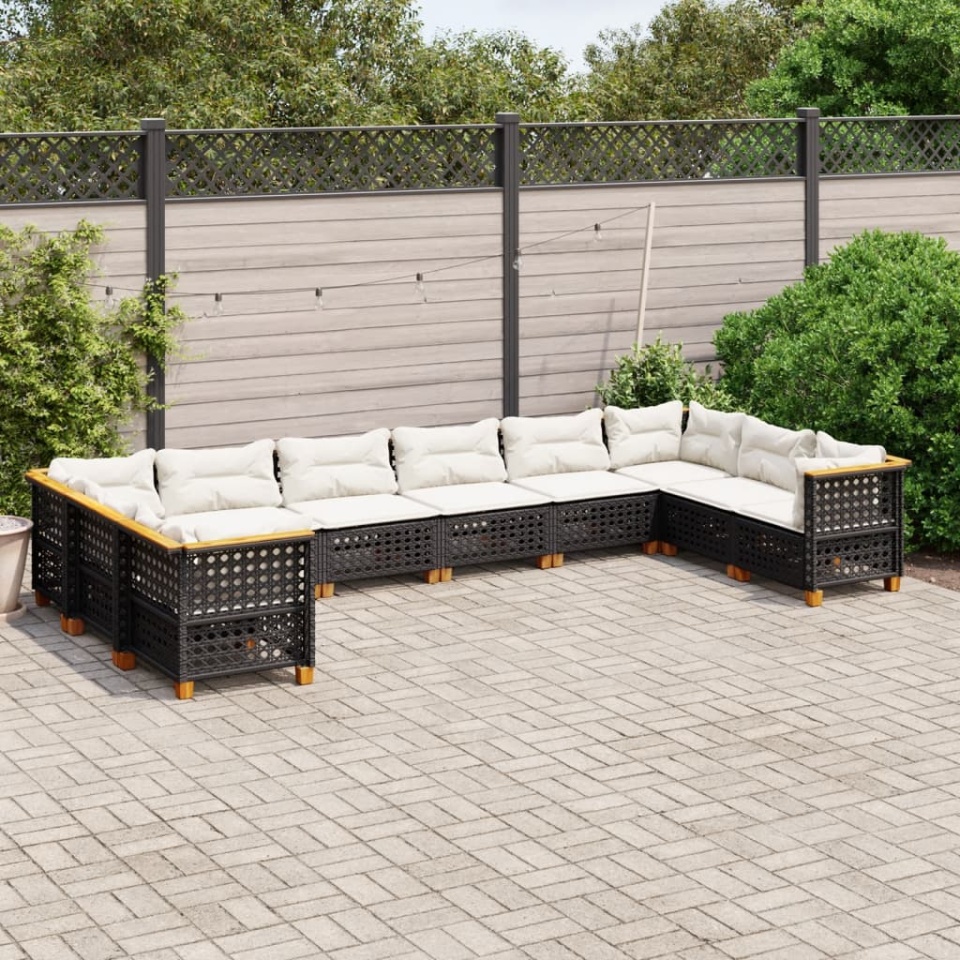 Set canapele de grădină cu perne, 10 piese, negru, poliratan
