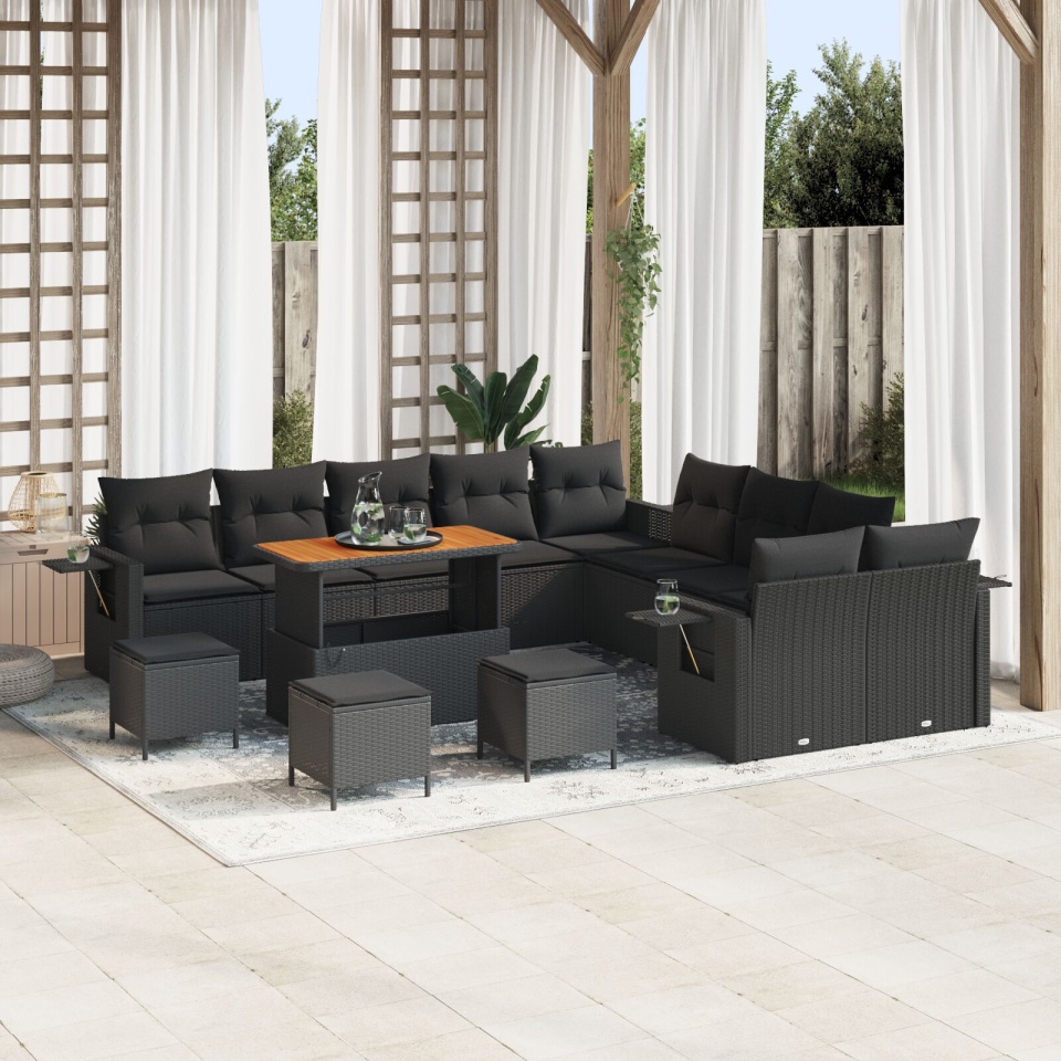 Set de canapele pentru grădină cu 13 piese și perne negre din ratan sintetic Acacia, Set de dining pentru grădină cu 3 piese și perne negre din ratan