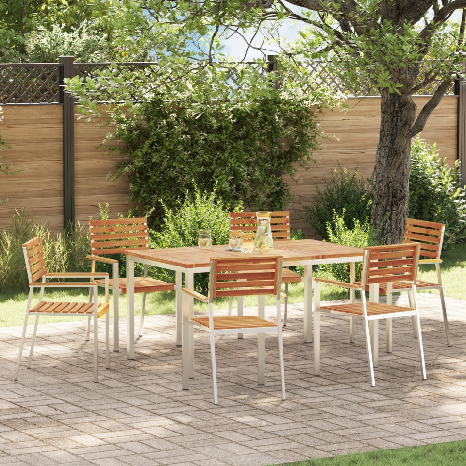 Set mese grădină 7 piese lemn masiv de acacia, Masă dining 150x90x75 cm lemn masiv de acacia, Scaune terasă stackable 2 buc lemn masiv de acacia și