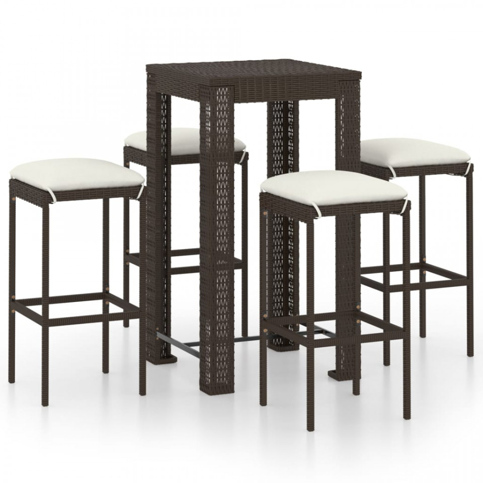 Set mobilier bar de grădină, cu perne, 5 piese, maro, poliratan