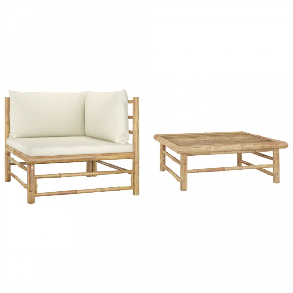 Poza Set mobilier de gradina, 2 piese, perne alb crem, bambus