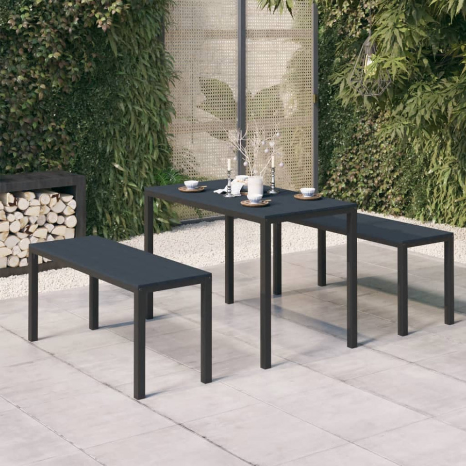 Set mobilier de grădină, 3 piese, negru, wpc și oțel