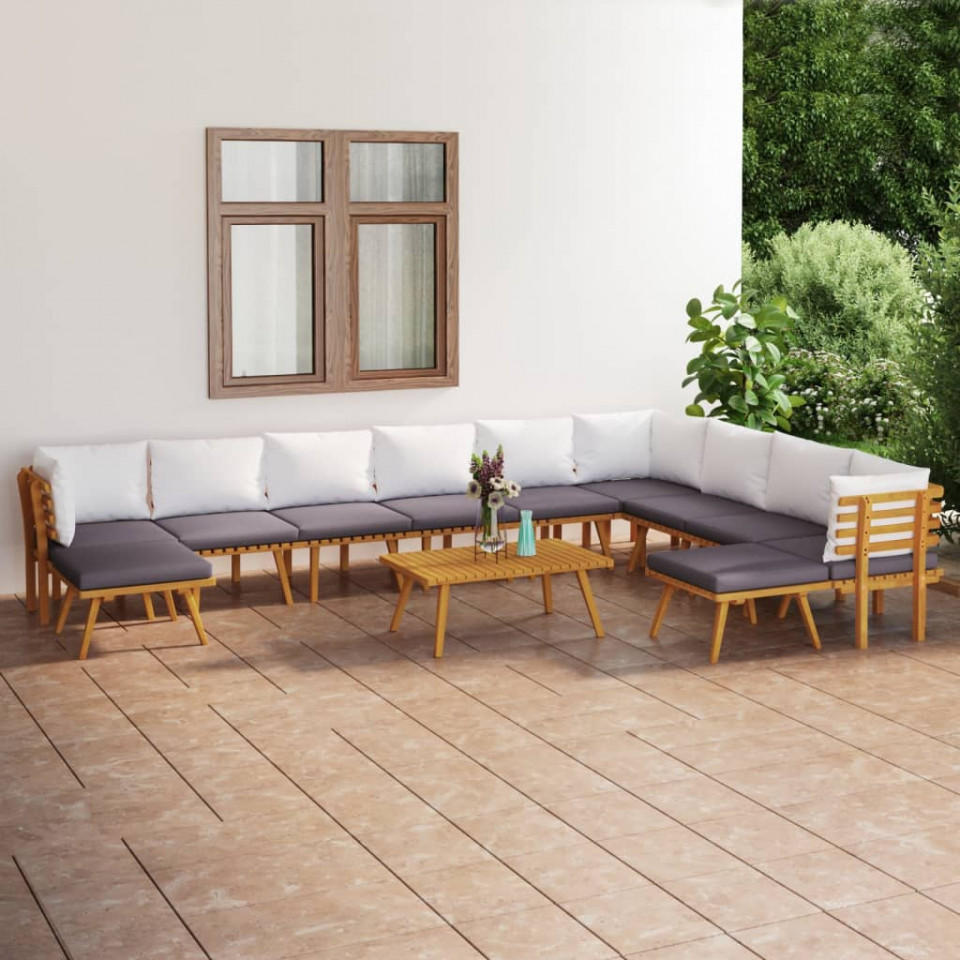 Set mobilier de grădină cu perne, 12 piese, lemn masiv acacia
