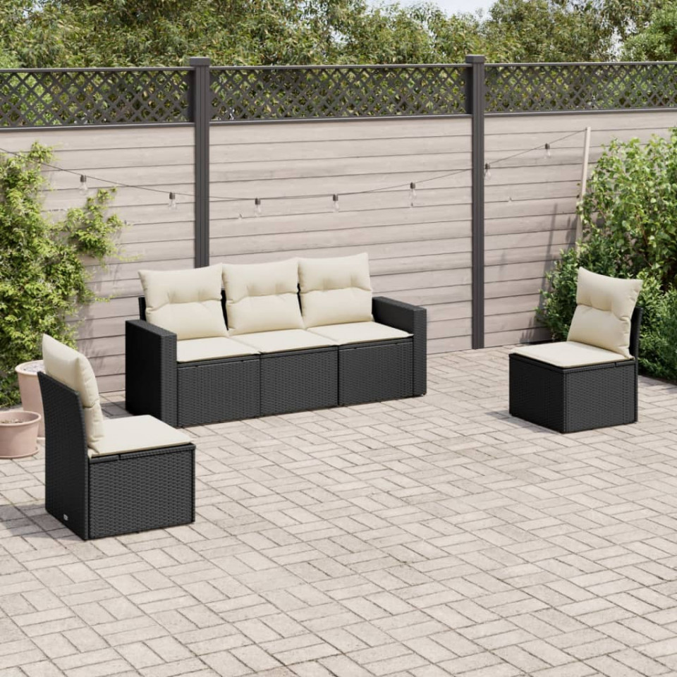 Set mobilier de grădină cu perne, 5 piese, negru, poliratan