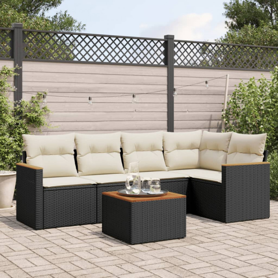 Set mobilier de grădină cu perne, 6 piese, negru, poliratan