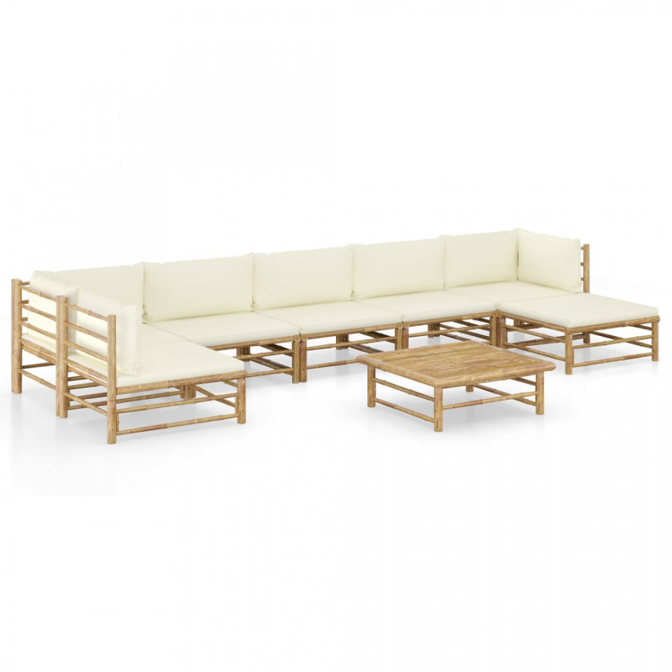 Poza Set mobilier de gradina cu perne, 8 piese, alb crem, bambus