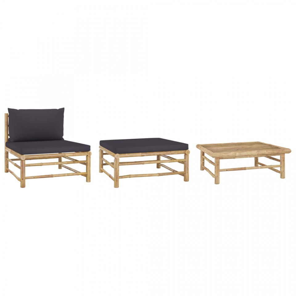 Poza Set mobilier de gradina, perne gri inchis, 3 piese, bambus