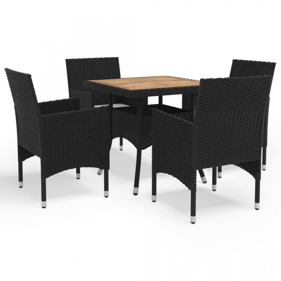 Set mobilier grădină, 5 piese, negru, poliratan și lemn acacia