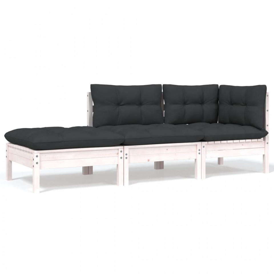 Set mobilier grădină cu perne, 3 piese, alb, lemn masiv pin