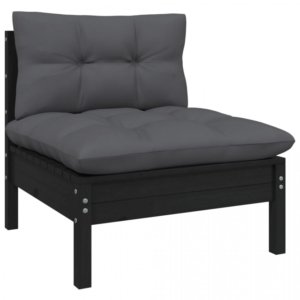 Set mobilier grădină cu perne, 5 piese, negru, lemn masiv pin