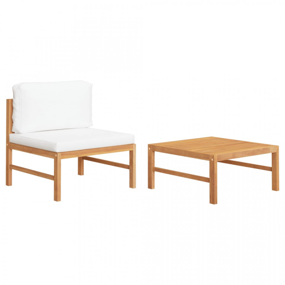 Set mobilier grădină cu perne crem, 2 piese, lemn de tec