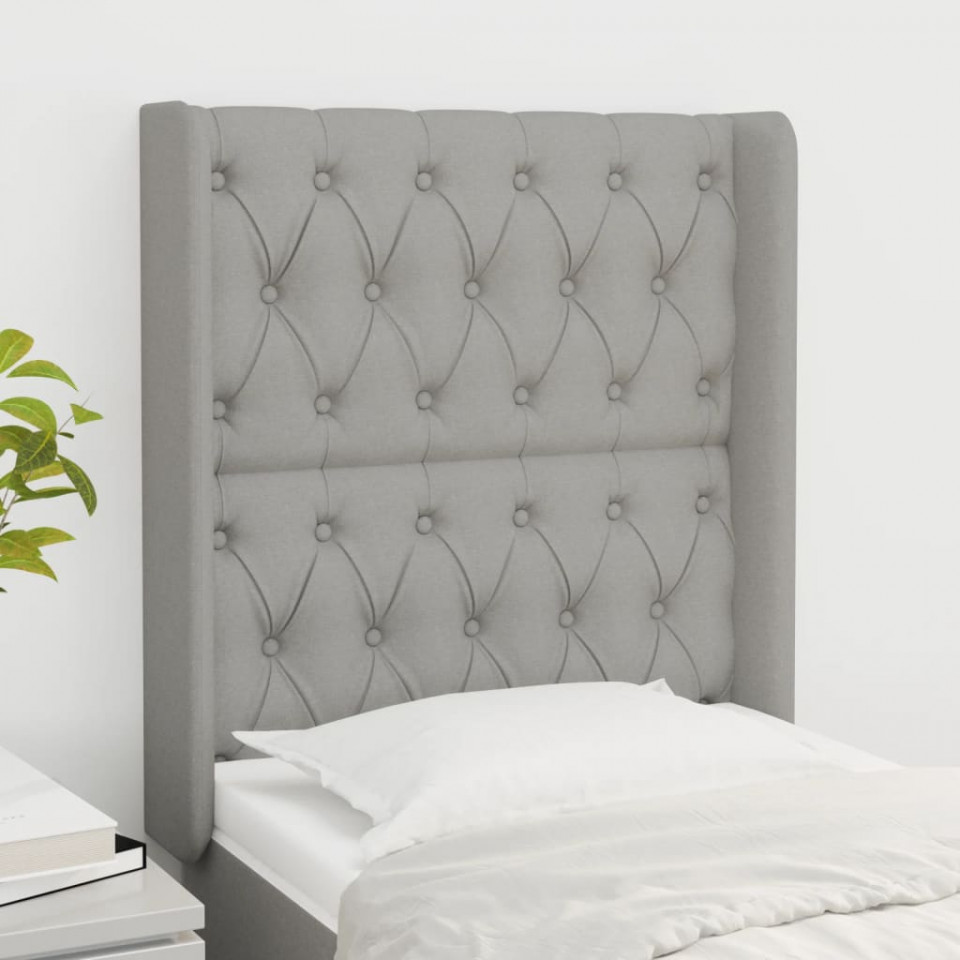Tăblie de pat cu aripioare gri deschis 83x16x118/128 cm textil