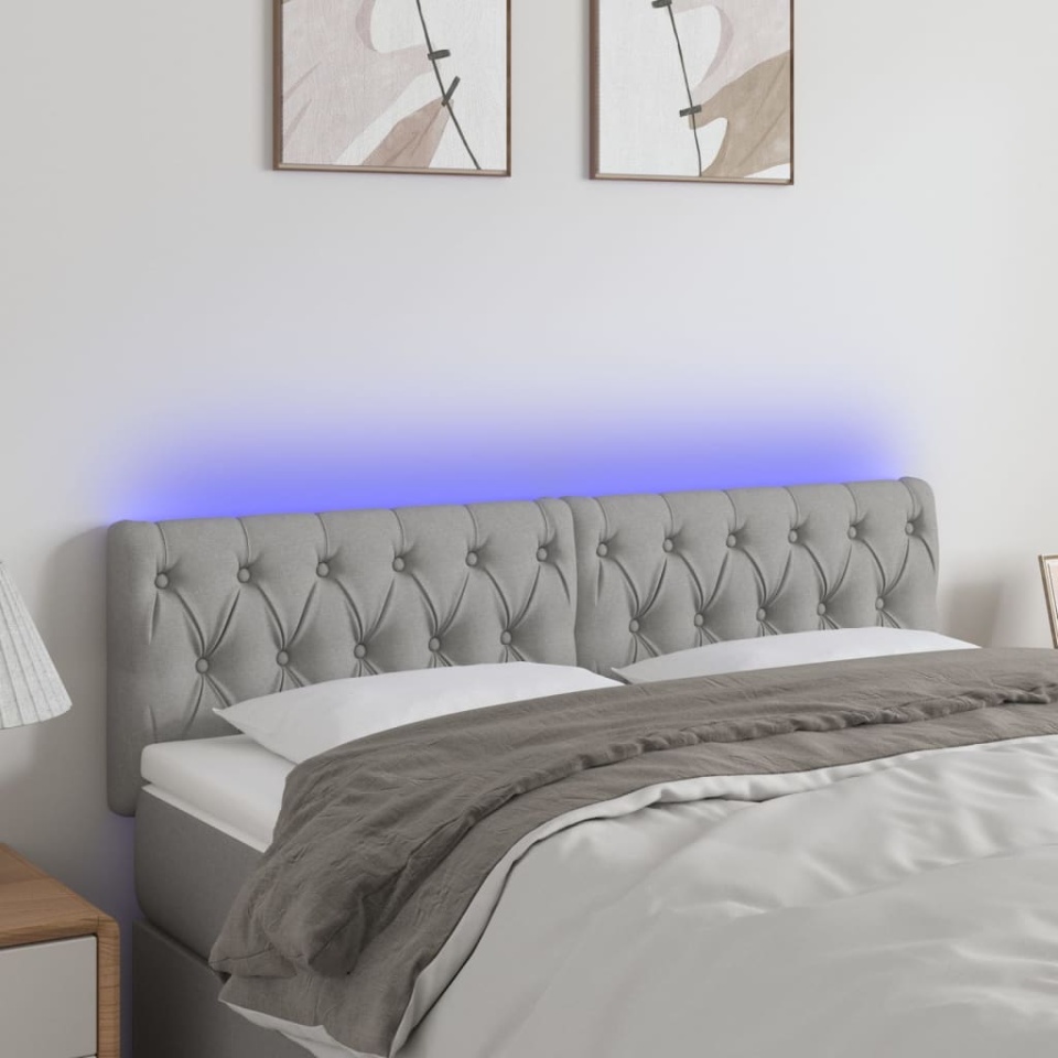 Tăblie de pat cu LED, gri deschis, 144x7x78/88 cm, textil