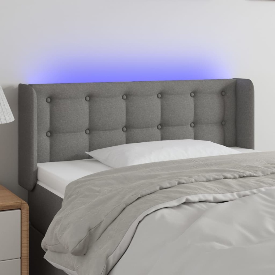 Tăblie de pat cu LED, gri închis, 103x16x78/88 cm, textil