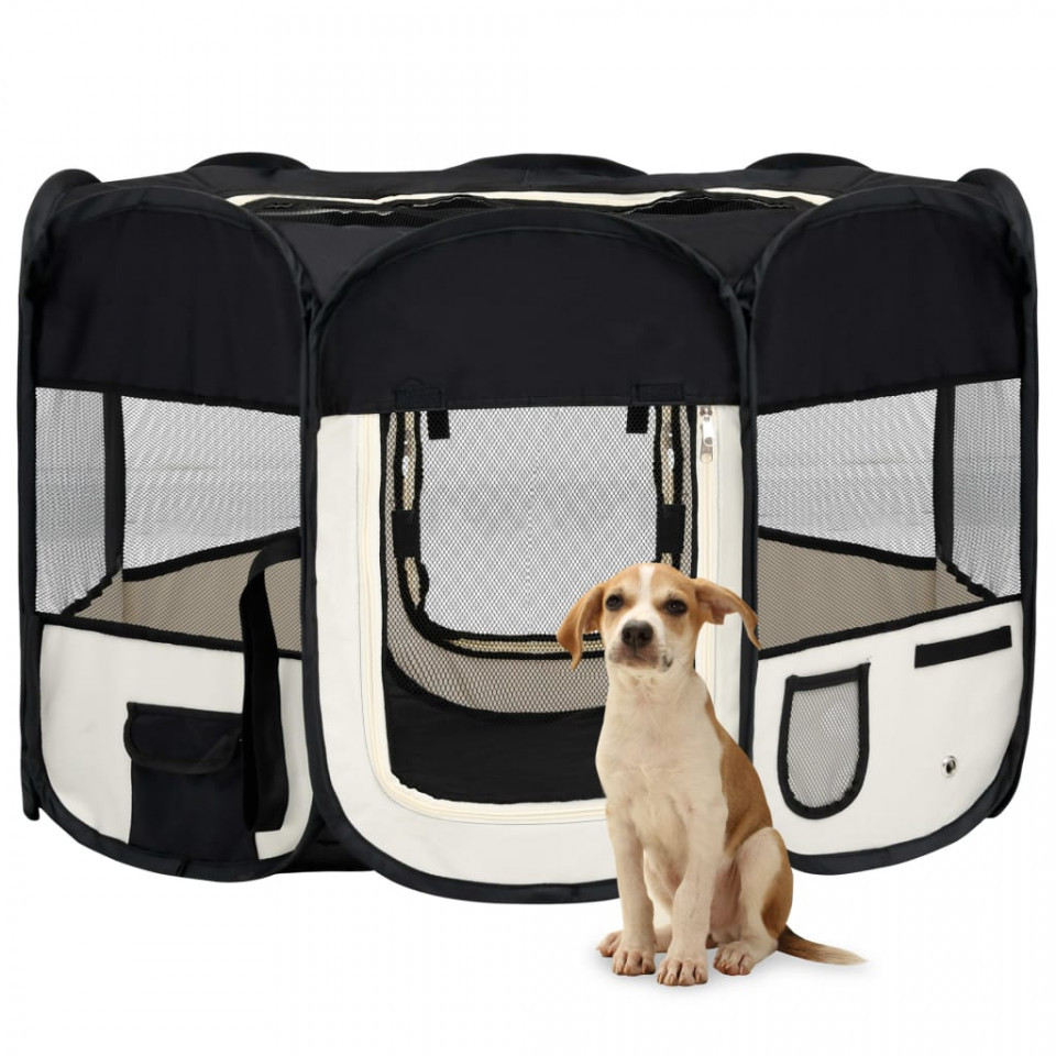 Țarc de câini pliabil cu sac de transport, negru, 110x110x58 cm
