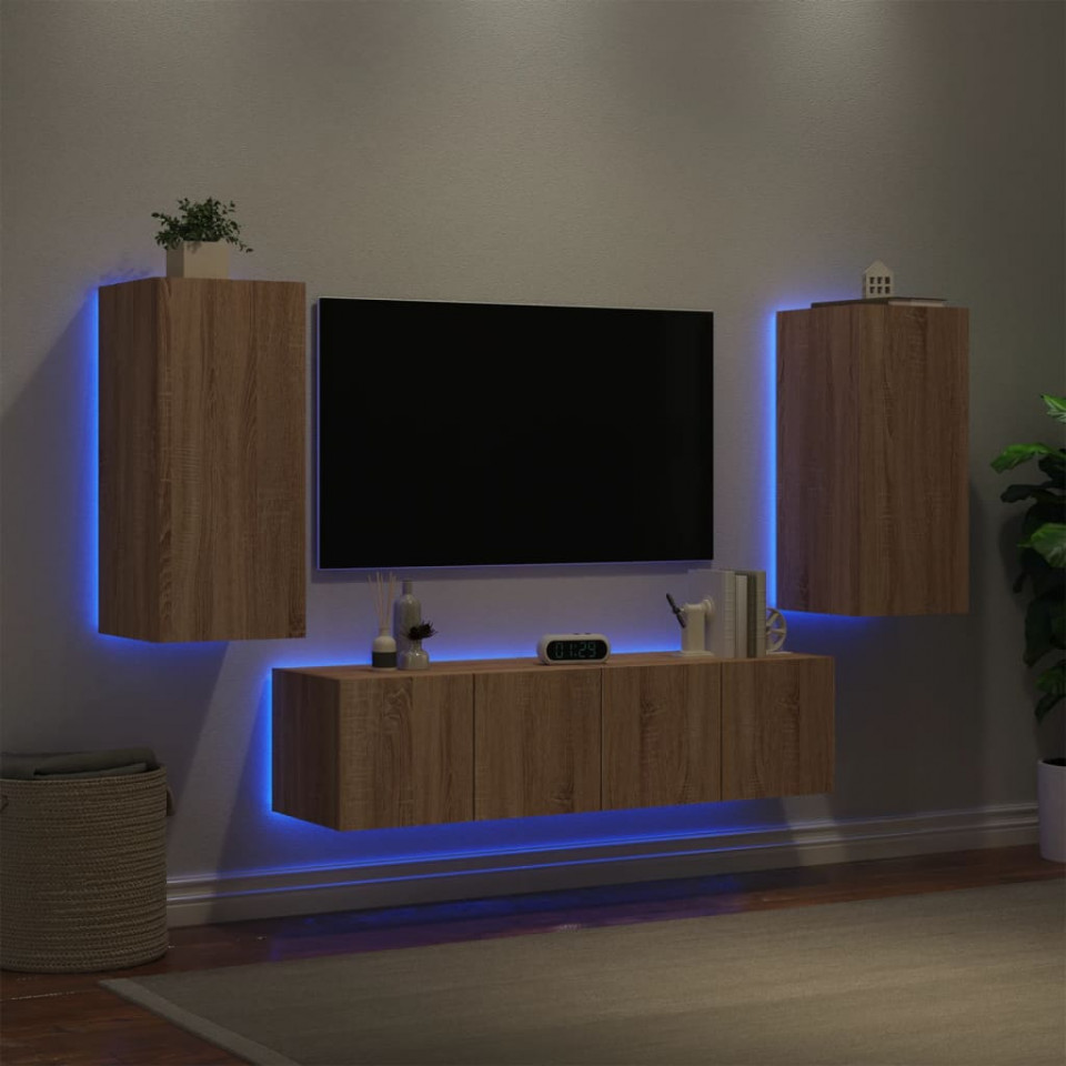 Unități de perete TV cu LED-uri, 4 piese, stejar sonoma, lemn