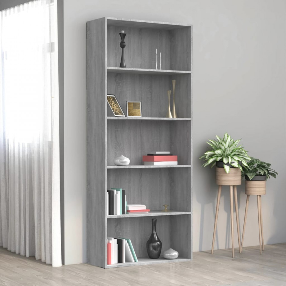 Bibliotecă 5 niveluri gri sonoma 80x30x189 cm lemn compozit