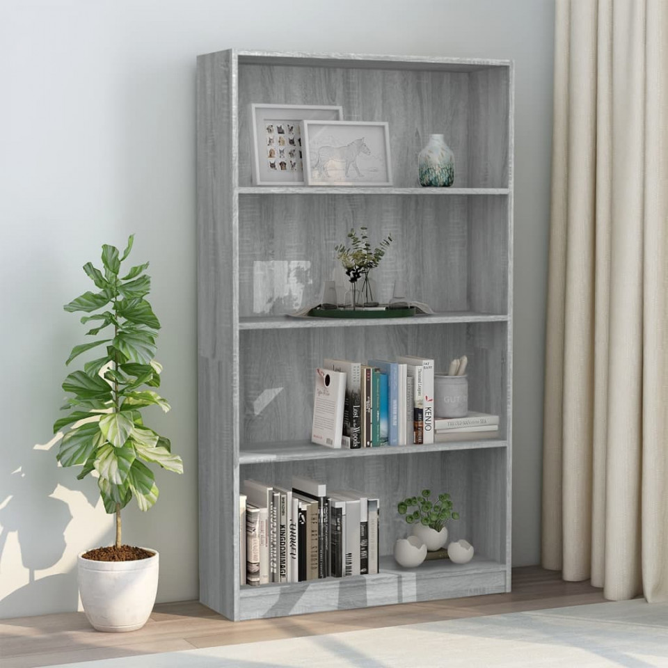 Bibliotecă cu 4 niveluri gri sonoma 80x24x142 cm lemn compozit