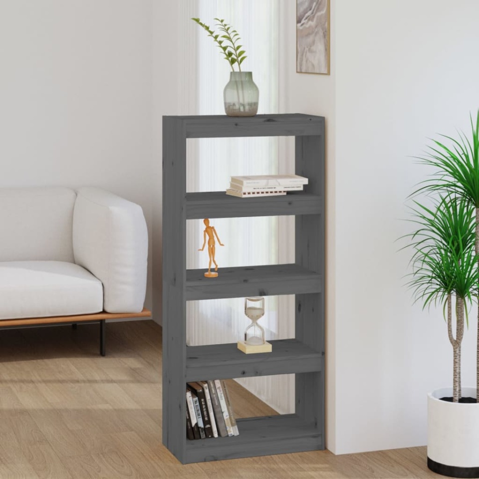 Bibliotecă/Separator cameră gri, 60x30x135,5 cm, lemn masiv pin