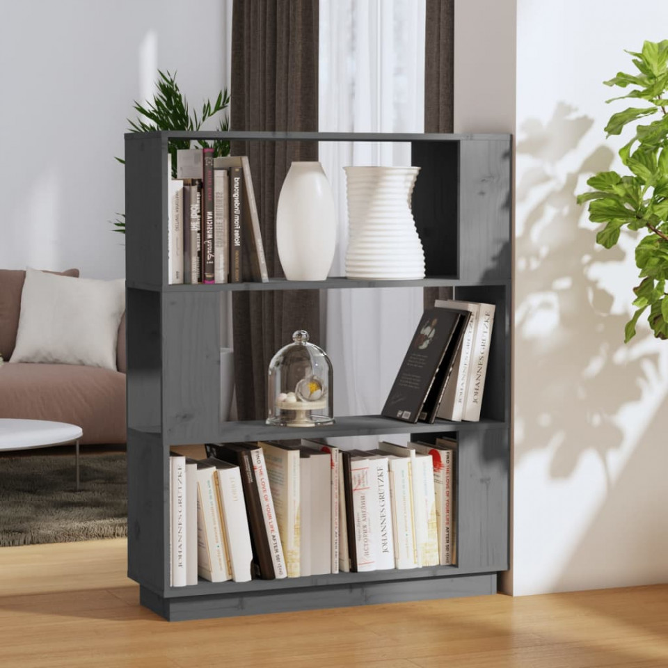 Bibliotecă/separator cameră, gri, 80x25x101 cm lemn masiv pin
